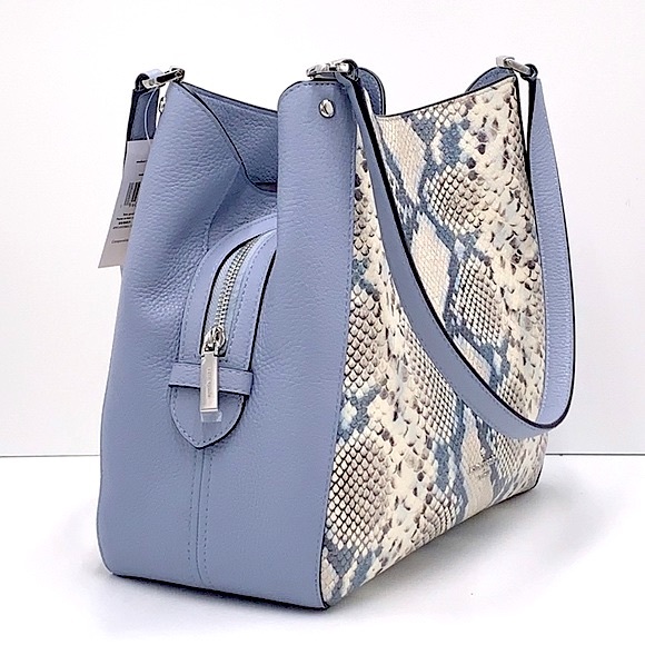 Leila Snake Embossed Medium Triple Compartment Shoulder Bag Muted Blue Multi - Picture 7 of 16
